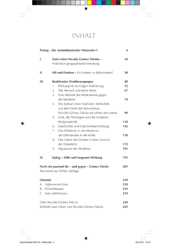 Kinzel-Davila-220x115_Innenteil_DEF_Inhaltsverzeichnis Nicolás Gómez Dávila. Parteigänger verlorener Sachen